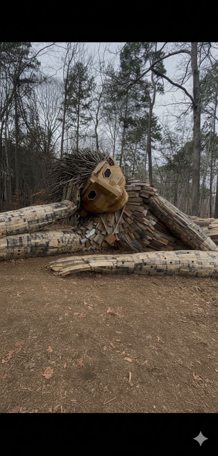 Big Feet Pete sculpture in The River District woods
